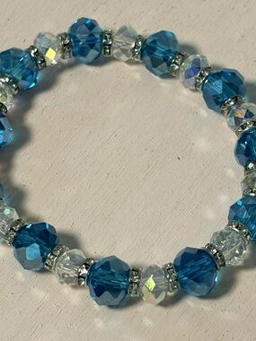 Hand Crafted Blue and Clear Crystal Stretch Bracelet